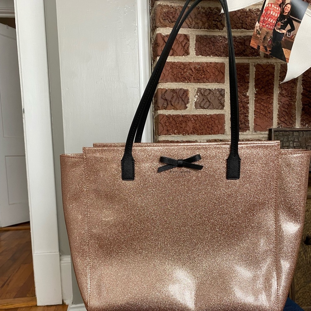 Kate spade pink glitter tote with black straps